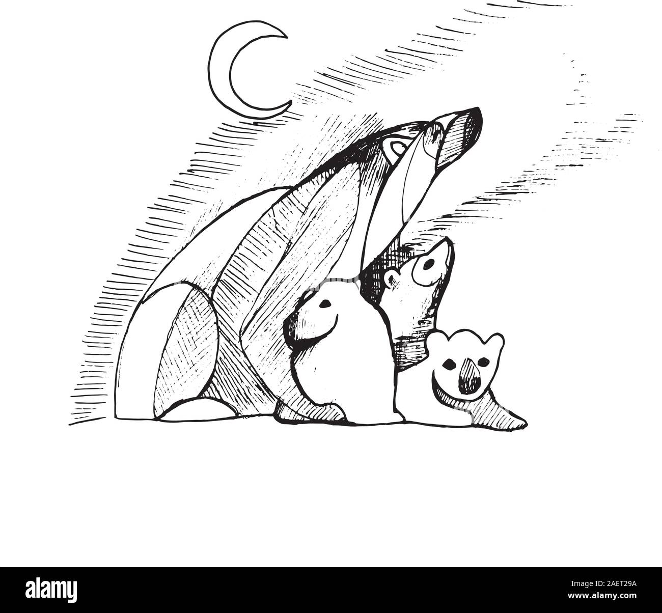 Illustrazione con una famiglia di orsi che guardare le luci del nord. Illustrazione Vettoriale