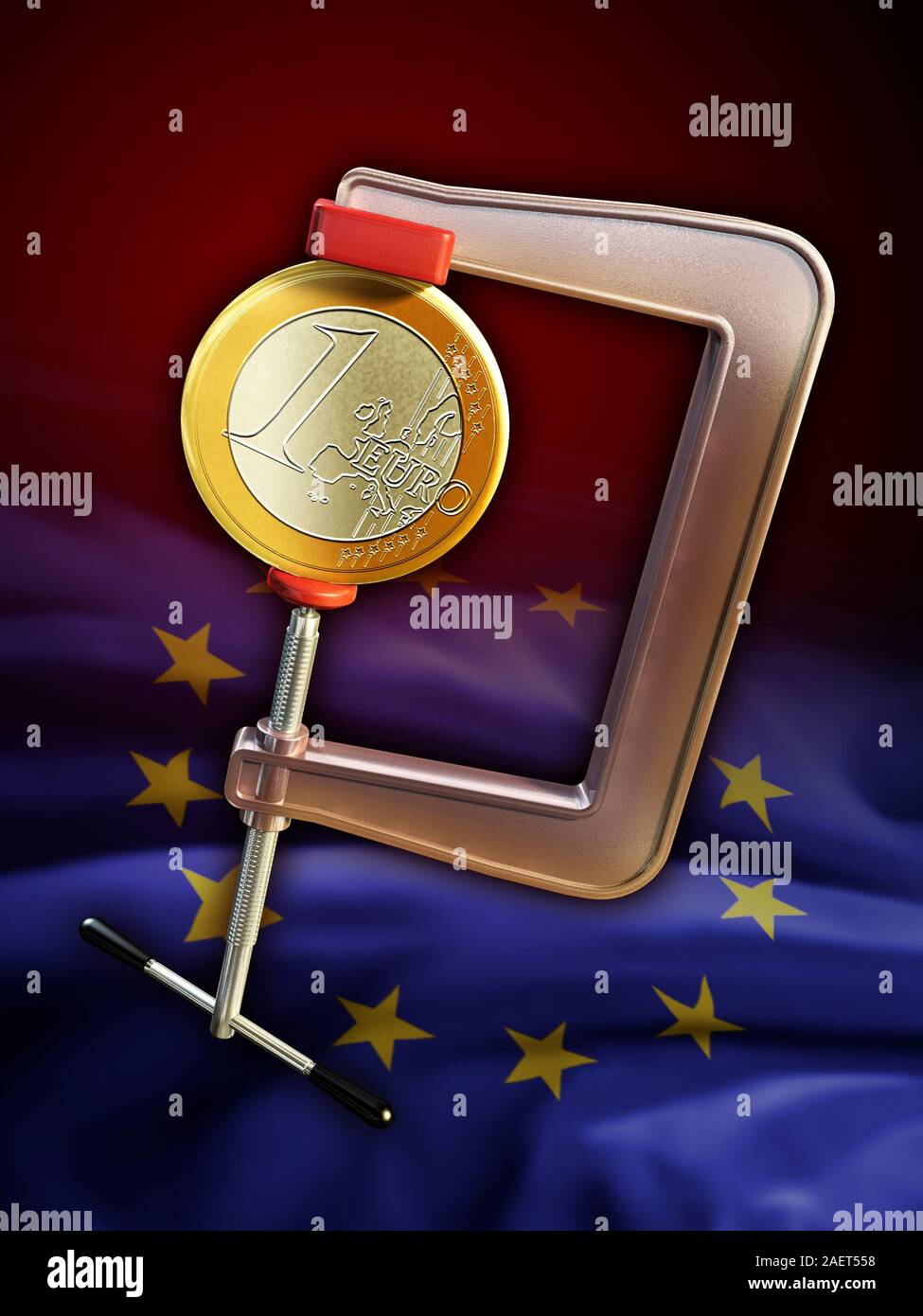 Euro moneta in una morsa. Illustrazione Digitale. Foto Stock