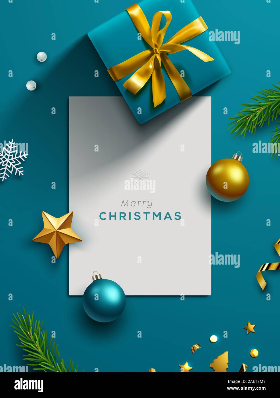 Blu banner di Natale, telaio, Intestazione di sfondo o biglietto di auguri design con decorazioni di Natale compreso baubles, confezioni regalo, abete talee. Illustrazione Vettoriale