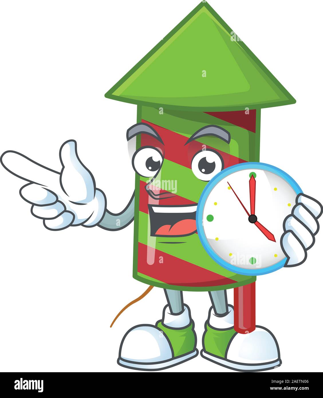 Con orologio sorridente strisce verdi fuochi d'artificio Razzi mascotte cartoon style Illustrazione Vettoriale