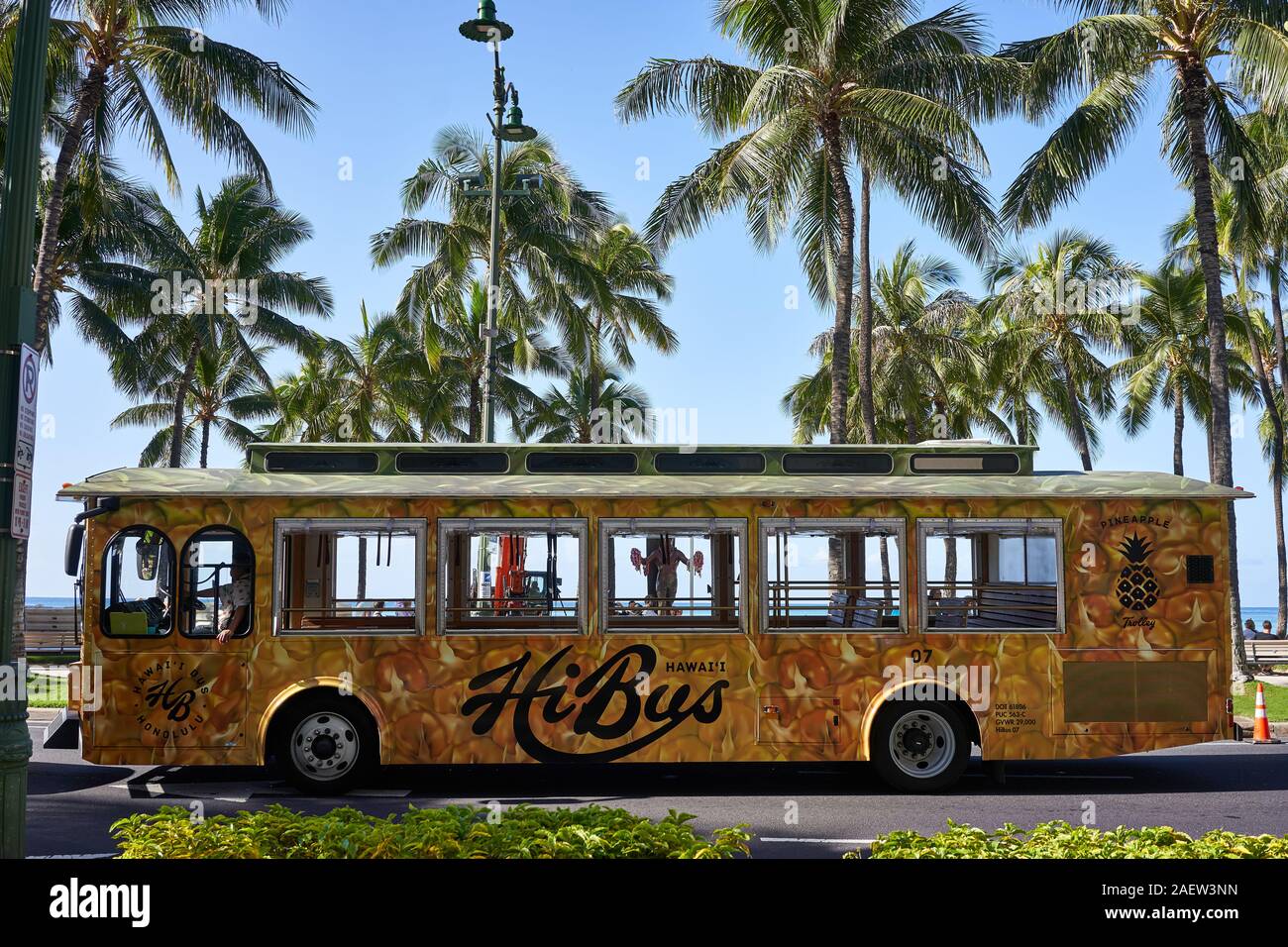 Un tram turistico a tema ananas HiBus è visto sulla strada a Waikiki Beach a Honolulu, Hawaii, il Lunedi, 25 novembre 2019. Foto Stock