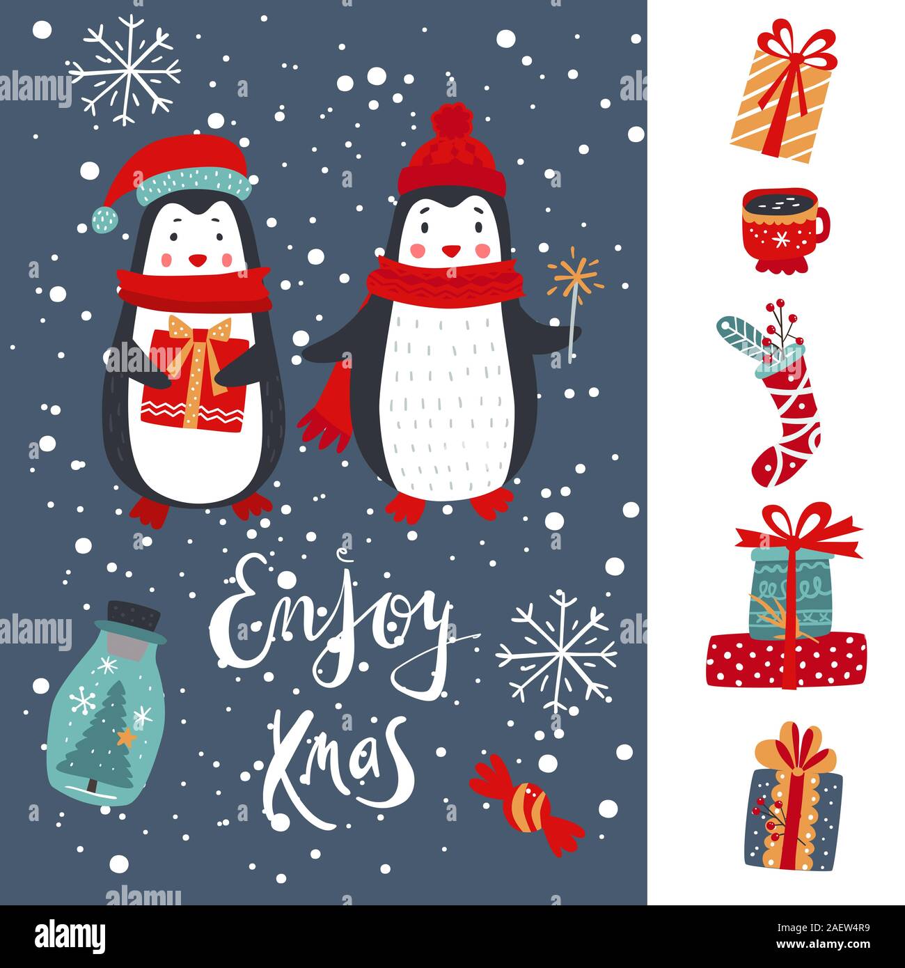 Anno nuovo scheda con la scritta Godetevi il Natale, con una coppia di pinguini, doni, i fiocchi di neve. Vettore Illustrazione Vettoriale
