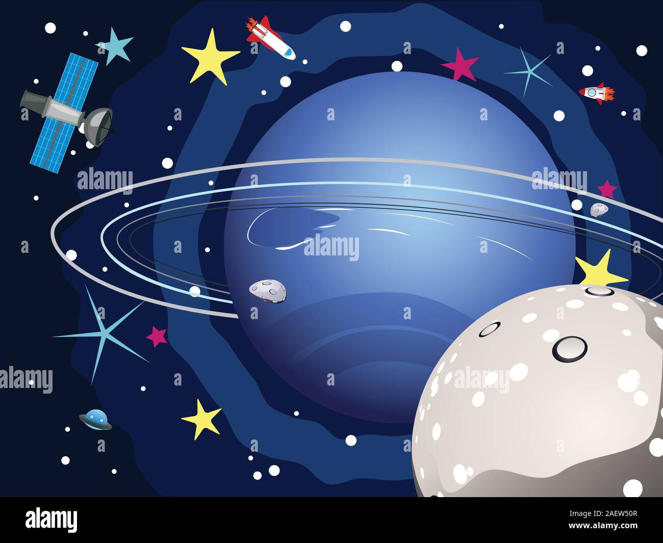 Cartoon pianeta Nettuno nello spazio con stelle e navette. Illustrazione Vettoriale