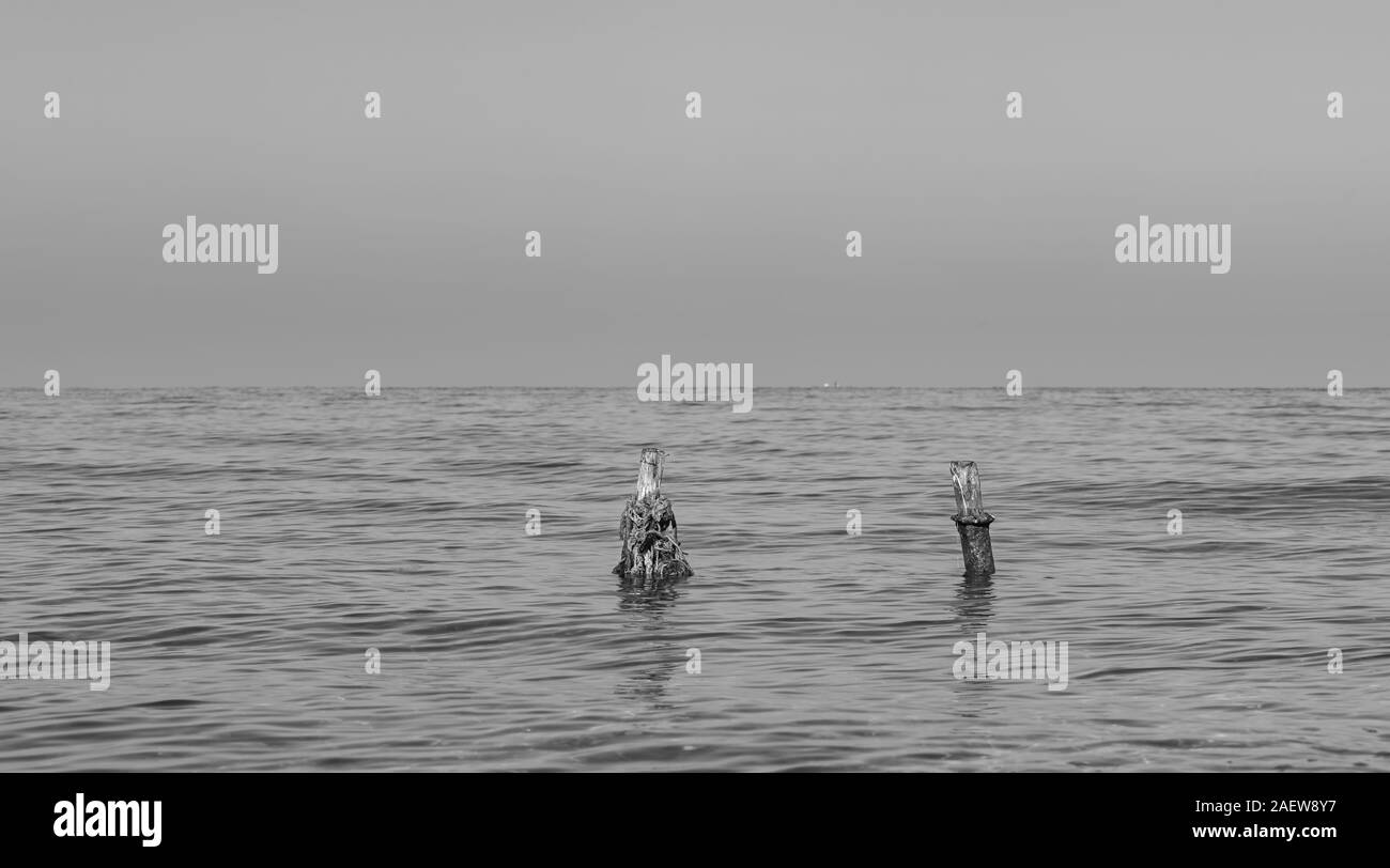 Bianco e nero fine art paesaggio del mare con pali di legno. Foto Stock