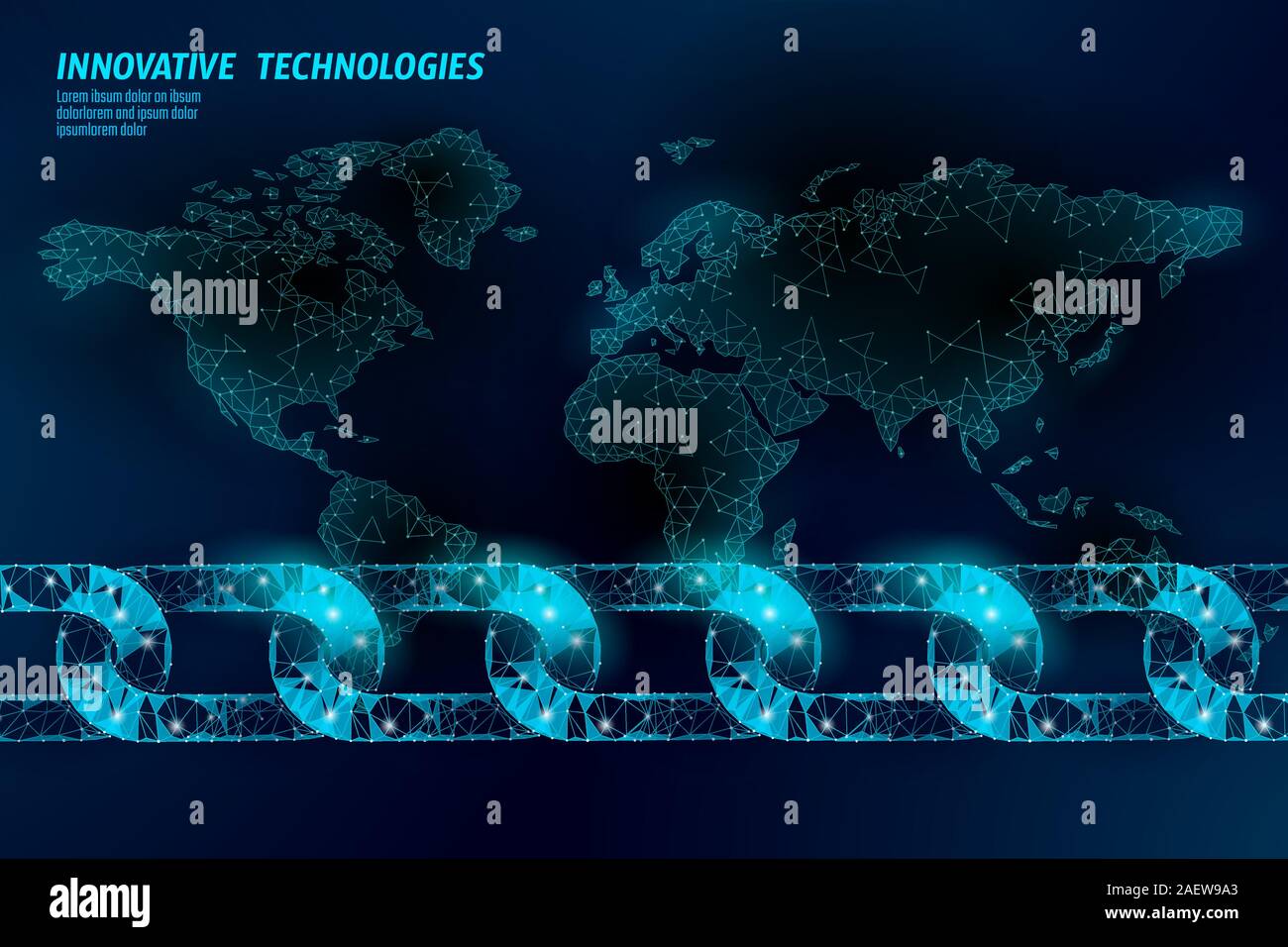 Blockchain global business concetto di simbolo. Collegamento catena mappa del mondo la sicurezza dell'informazione. 3D bassa poli poligonale design geometrico. La tecnologia globale Illustrazione Vettoriale