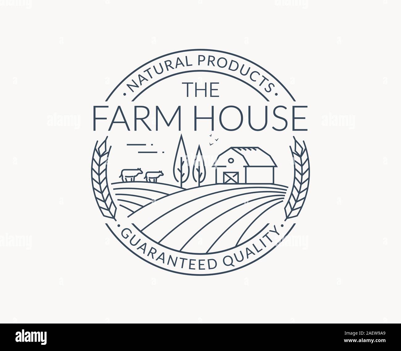Logo della fattoria isolato su sfondo bianco. Stemma in linea nera con casale, mucche e orecchio di grano. Badge vettoriale per prodotti naturali e biologici. Illustrazione Vettoriale