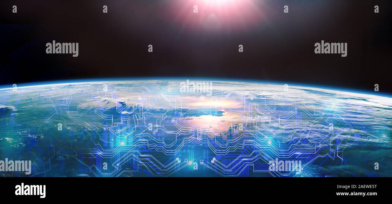 In tutto il mondo di internet veloce un concetto di rete. L'industria 4.0. Global business e finanza. Comunicazioni globali e networking Foto Stock