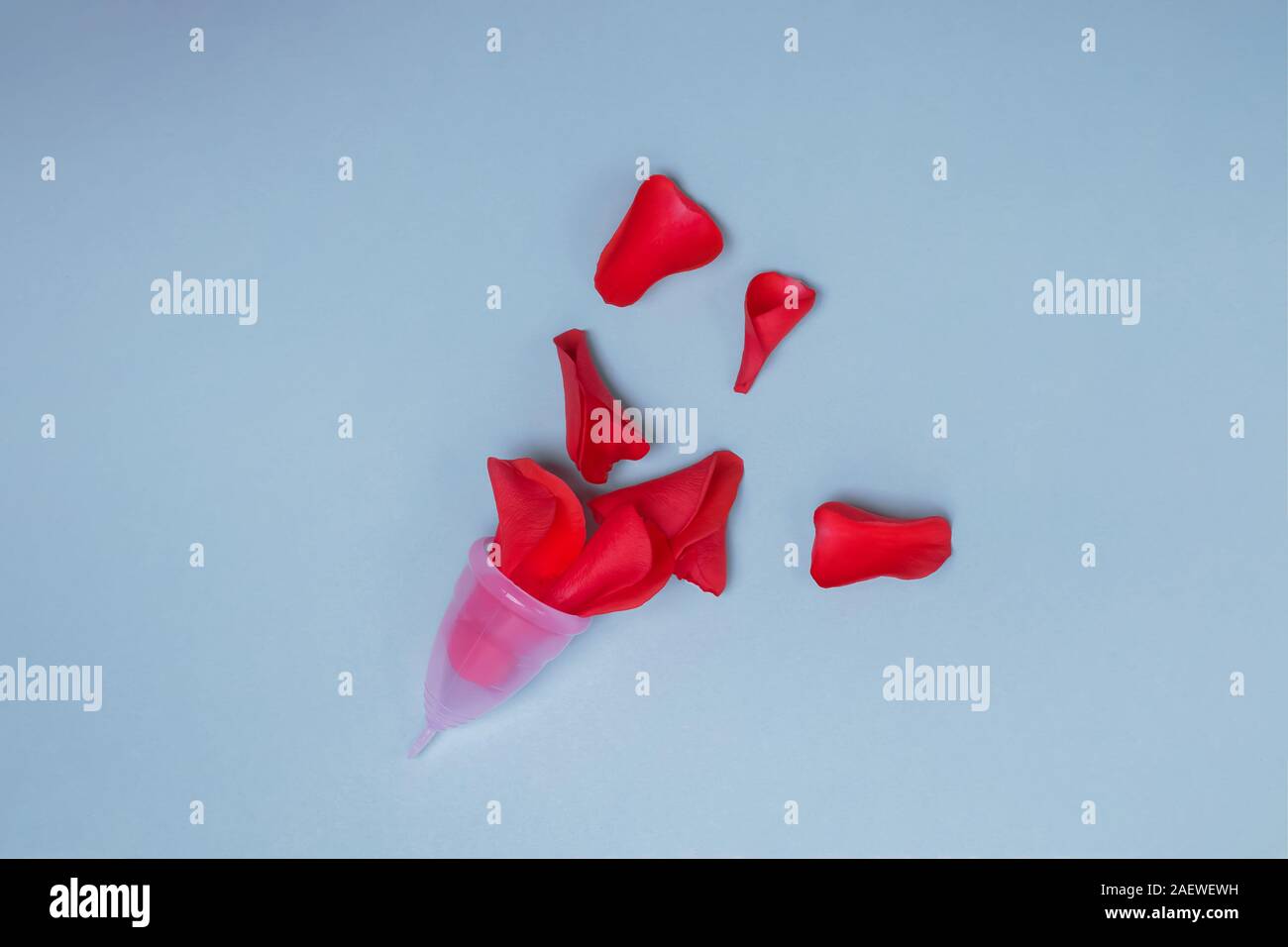 Mestruale femminile tazze da un medicinale in silicone rosso con petali di rosa che simboleggia il sangue. Foto Stock