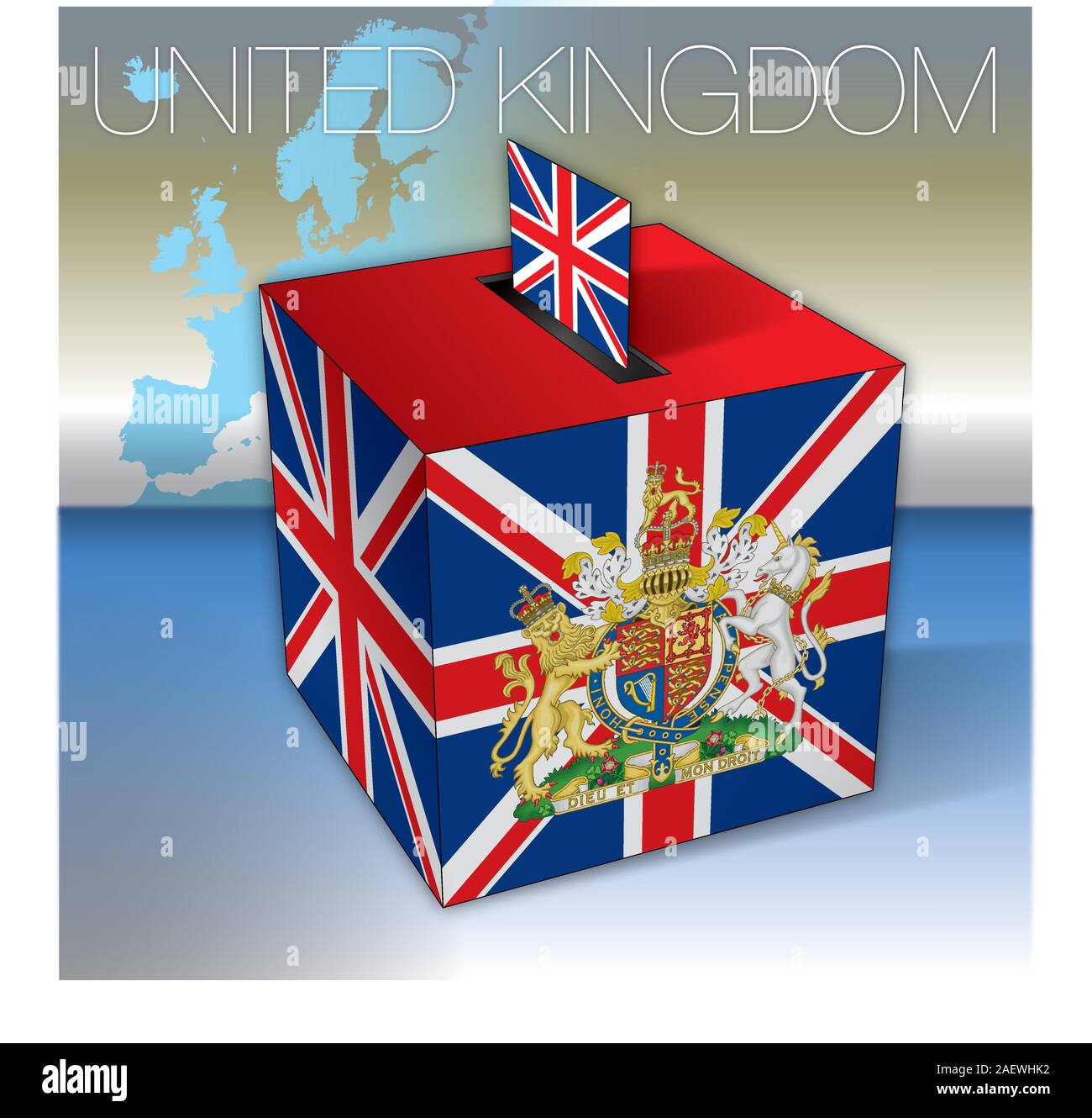 Regno Unito elezioni, urne con la bandiera del Regno Unito e simboli, illustrazione vettoriale Illustrazione Vettoriale