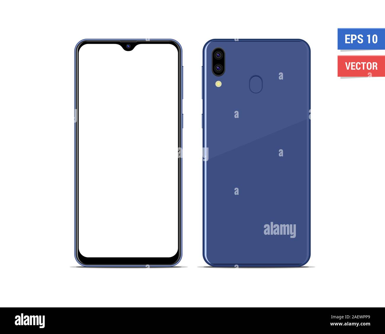 Vettore realistico flat mock-up Samsung Galaxy M20 con schermo vuoto isolato su sfondo bianco. Scala immagine qualsiasi risoluzione Illustrazione Vettoriale