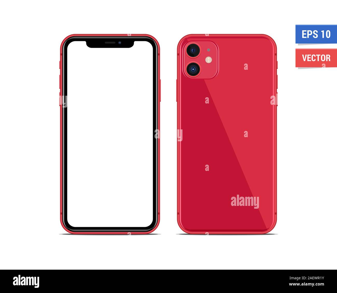 Vettore realistico flat mock-up Apple iPhone 11 rosso con schermo vuoto isolato su sfondo bianco. Scala immagine qualsiasi risoluzione Illustrazione Vettoriale