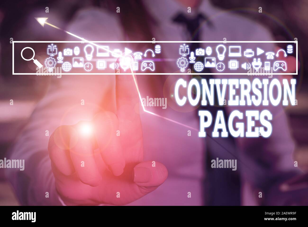 Segno di testo che mostra le pagine di conversione. Business photo viene visualizzato del testo in risposta al clic su un motore di ricerca Foto Stock