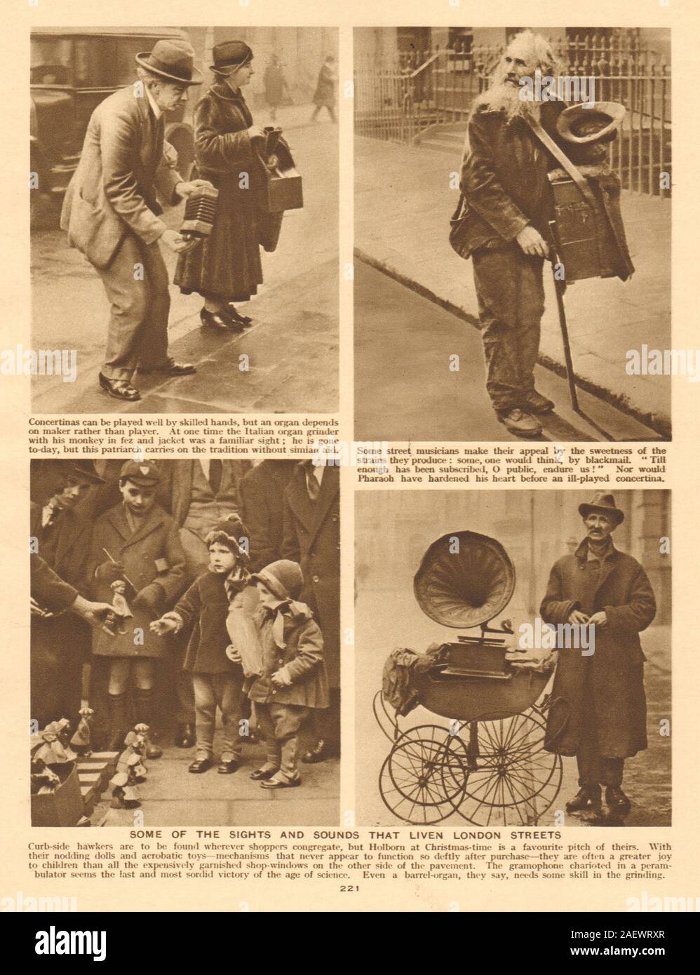 Londra musicisti di strada/venditori ambulanti. Grammofono giocattoli di concertina 1926 antica stampa Foto Stock