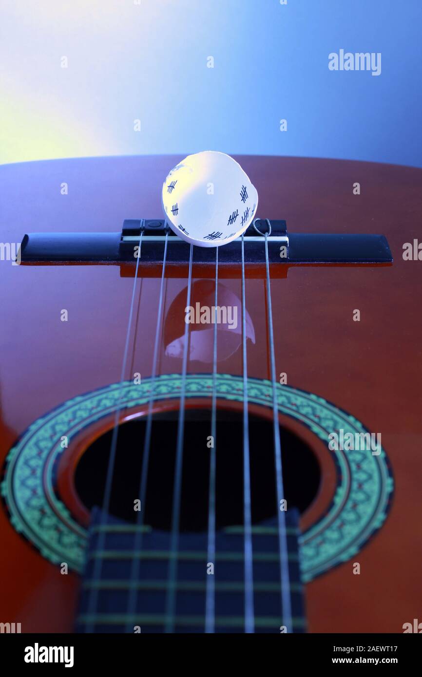 Guscio d'uovo giace sul ponte per chitarra con la riflessione nel coro di chitarra Foto Stock