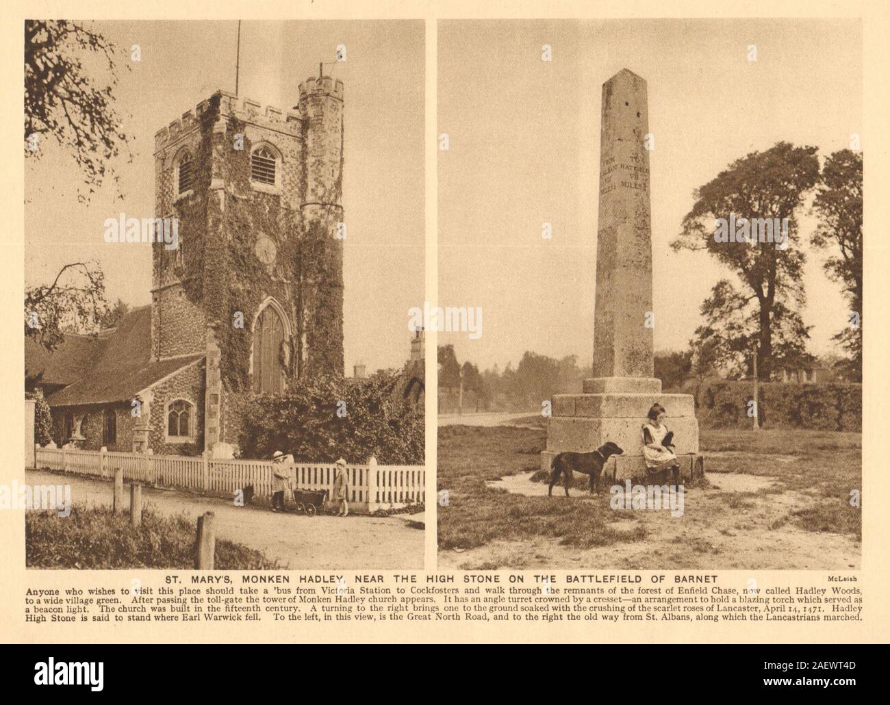 St. Mary's, Monken Hadley. Alta pietra sul campo di battaglia di Barnet 1926 stampare Foto Stock