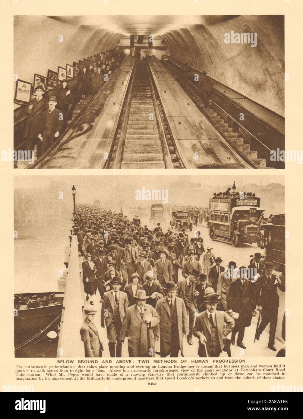 Stazione di Tottenham Court Road escalator. Pedoni sul Ponte di Londra 1926 Foto Stock