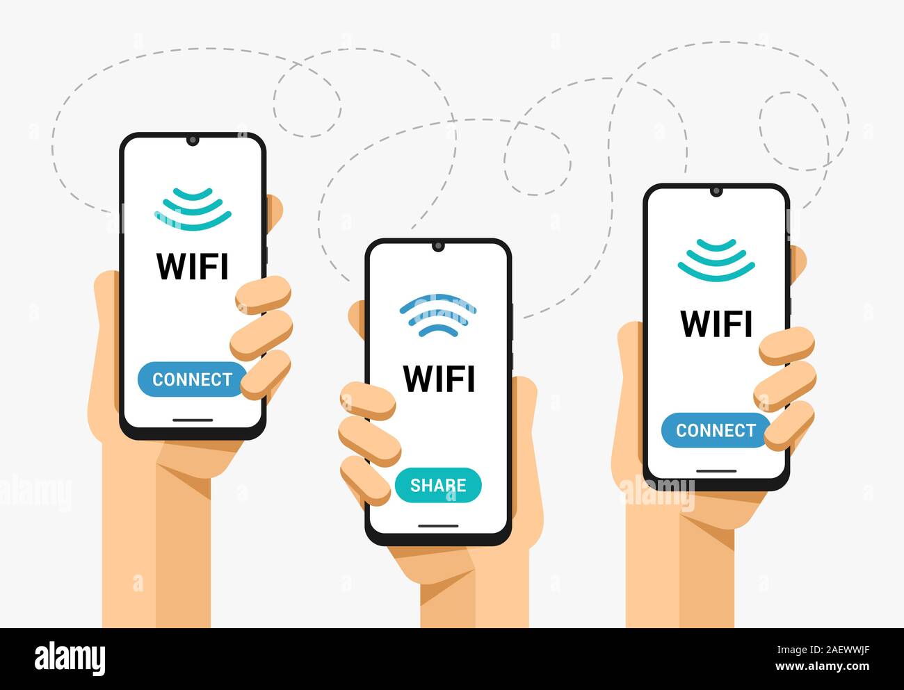 Smartphone mockup in mano umana. Segnale Wifi condividere e collegare. Zona di rete per la connettività. Vettore colorate piatte illustrazione della tecnologia Illustrazione Vettoriale