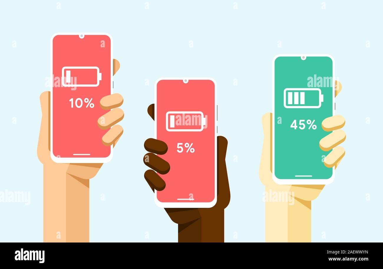 Smartphone mockup in mano umana. Bassa e alta potenza della batteria. In fase di ricarica. Vettore colorate piatte illustrazione della tecnologia Illustrazione Vettoriale