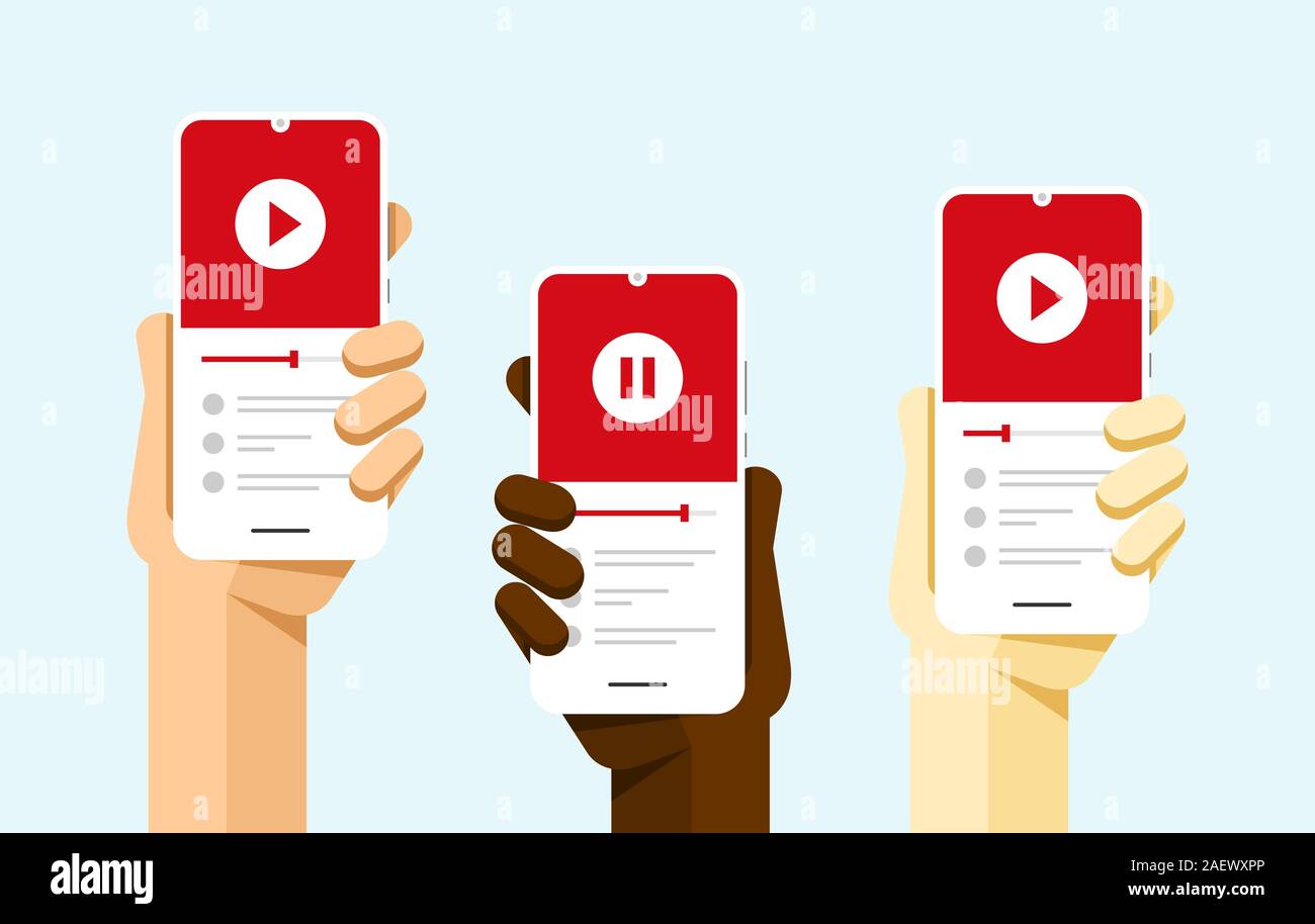Smartphone mockup in mano umana con lettore video applicazione sullo schermo. Vettore colorate piatte illustrazione della tecnologia Illustrazione Vettoriale