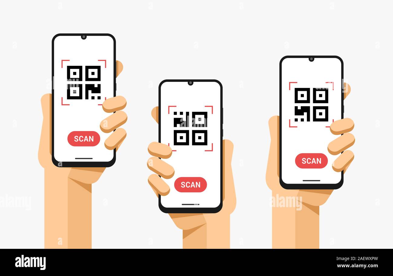 Smartphone mockup in mano umana. Eseguire la scansione del codice QR. Vettore colorate piatte illustrazione della tecnologia Illustrazione Vettoriale