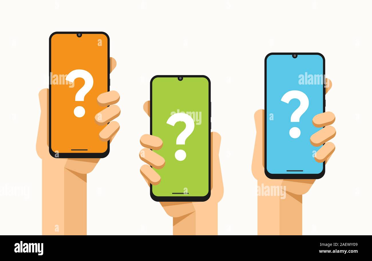 Smartphone mockup in mano umana. Domanda sullo schermo. Guida in linea e supporto tecnico. Vettore colorate piatte illustrazione della tecnologia Illustrazione Vettoriale