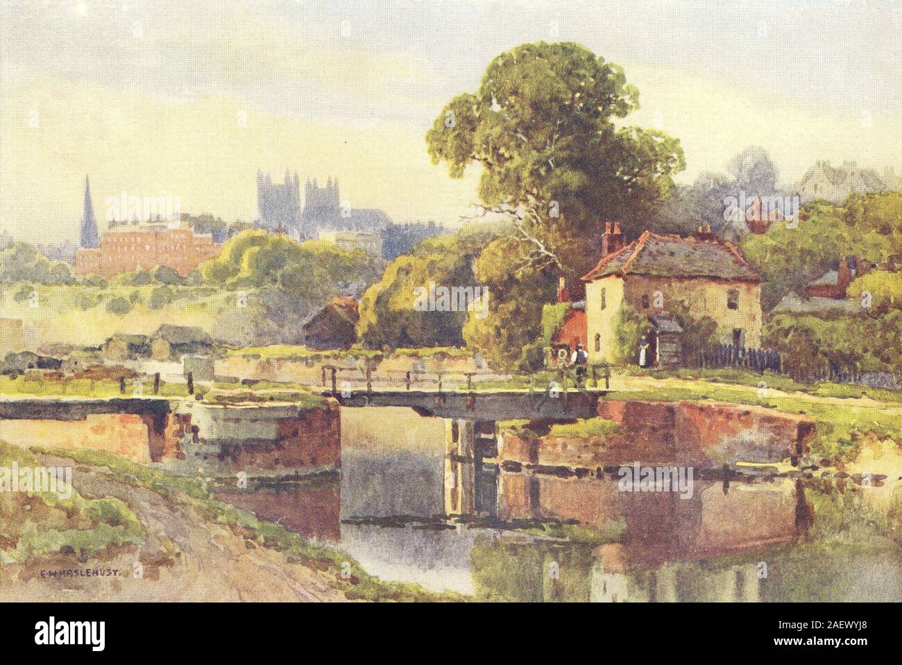 Exeter dal canale. Devon. Da Ernest Haslehust 1920 old vintage print Foto Stock