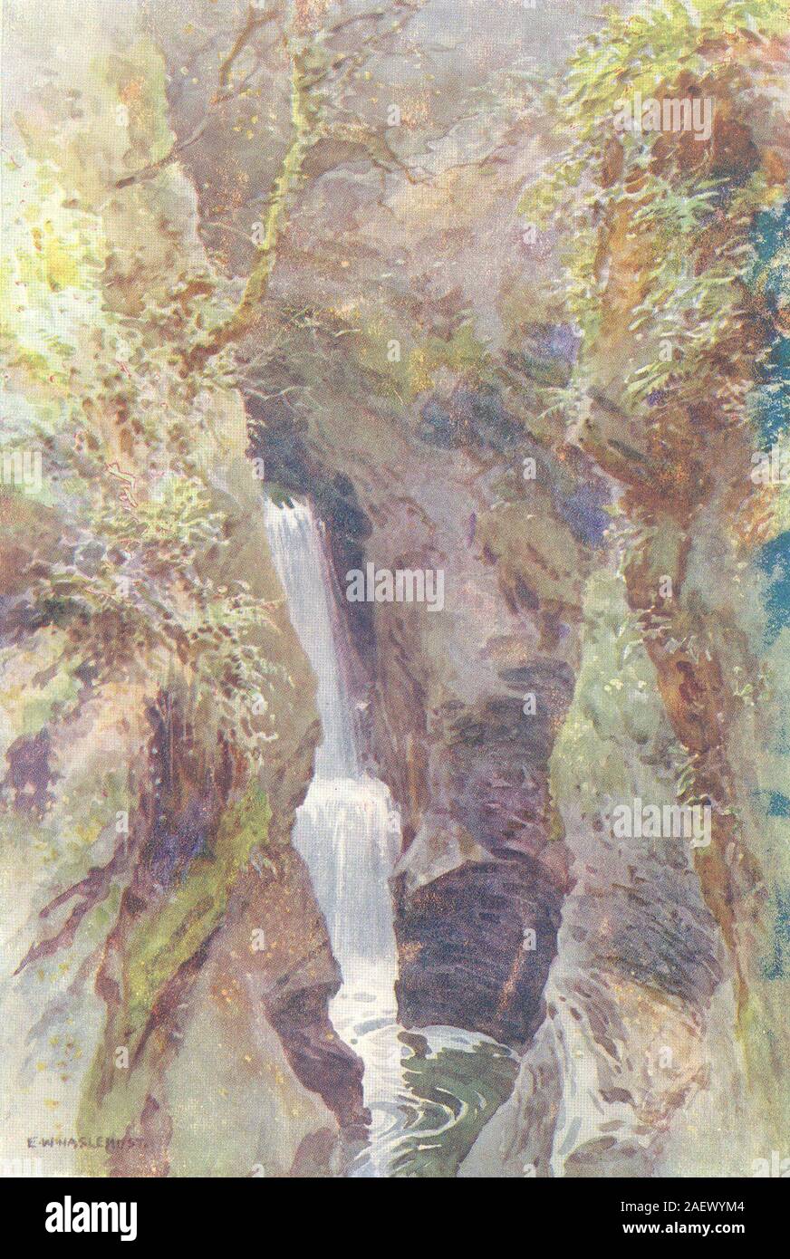 Lydford Gorge, Dartmoor. Devon. Da Ernest Haslehust 1920 old vintage print Foto Stock