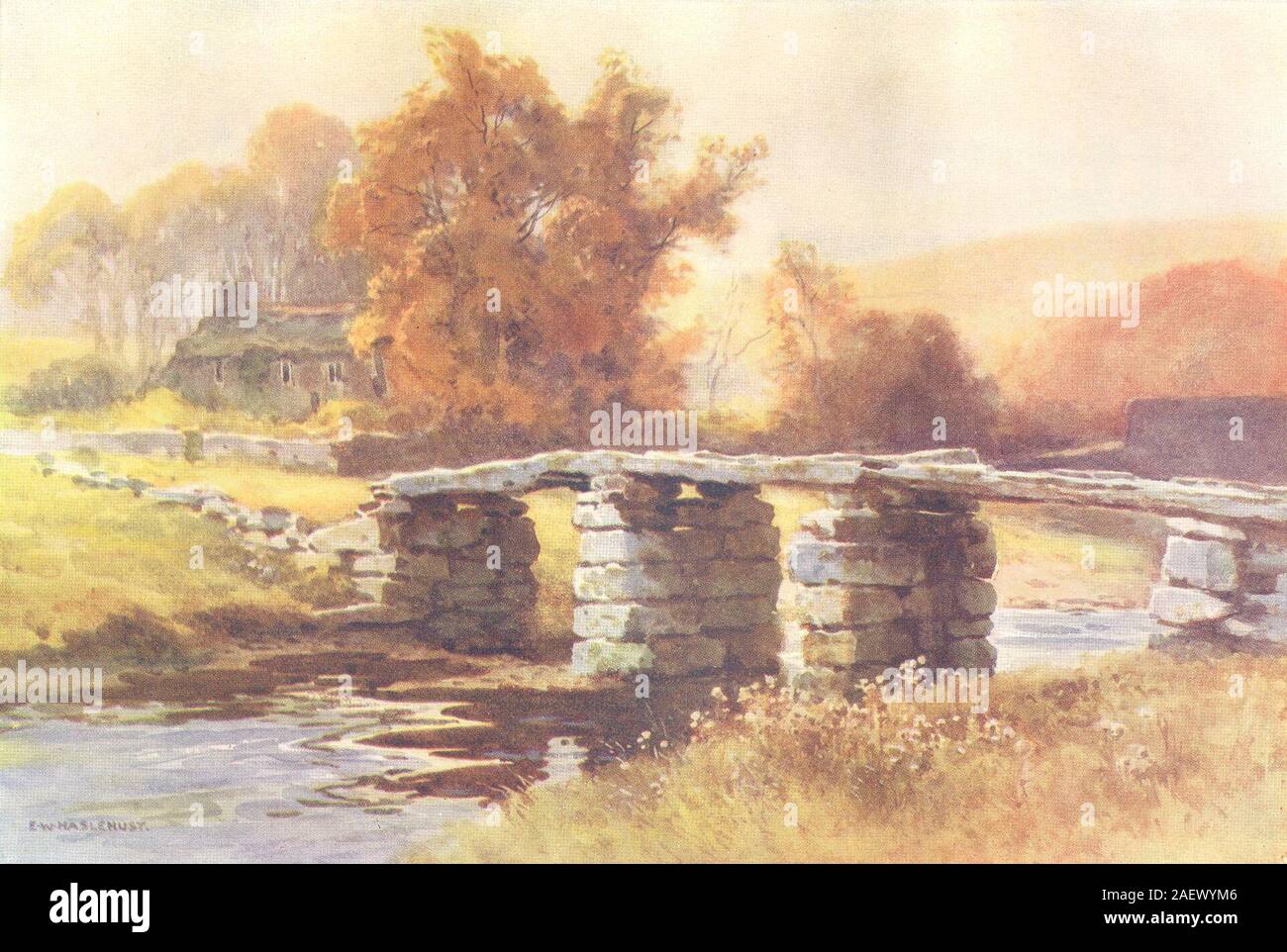 Battaglio bridge Postbridge, Dartmoor. Devon. Da Ernest Haslehust 1920 antica stampa Foto Stock