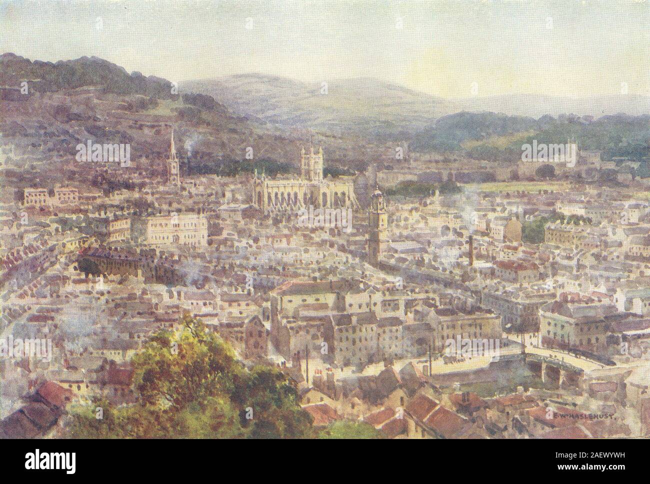 Vasca da bagno da Beechen Cliff. Somerset. Da Ernest Haslehust 1920 old vintage print Foto Stock