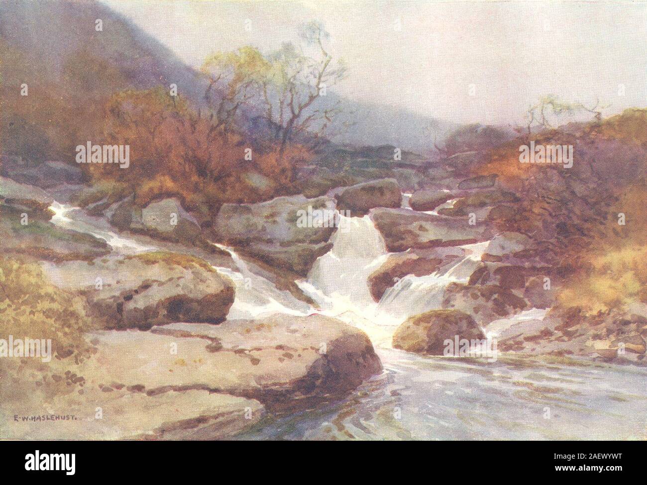 Un flusso di Dartmoor, Dartmoor. Devon. Da Ernest Haslehust 1920 old vintage print Foto Stock