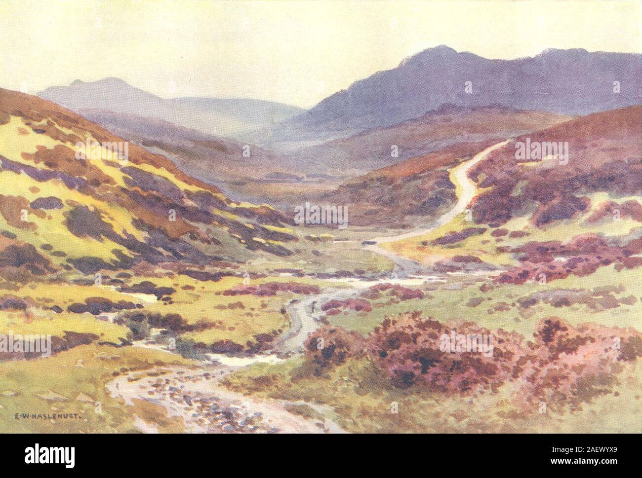 Una brughiera via, il Ponte del Diavolo, Dartmoor. Devon. Da Ernest Haslehust 1920 Foto Stock