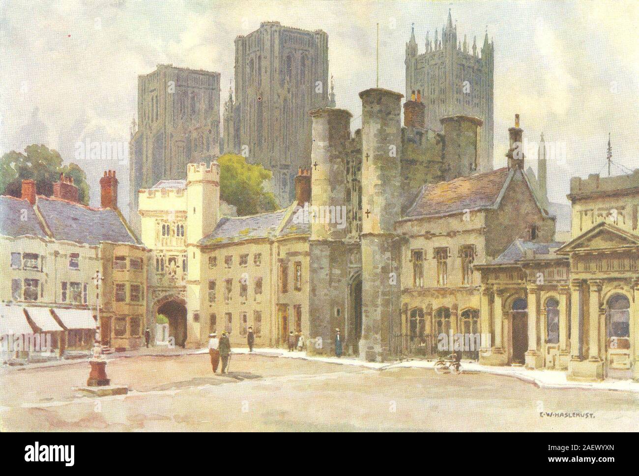 La piazza del mercato, Pozzi. Somerset. Da Ernest Haslehust 1920 old vintage print Foto Stock