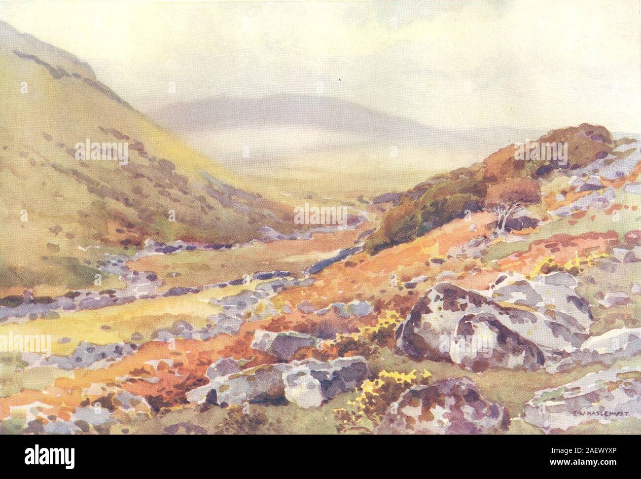 Wistman il legno, Dartmoor. Devon. Da Ernest Haslehust 1920 old vintage print Foto Stock