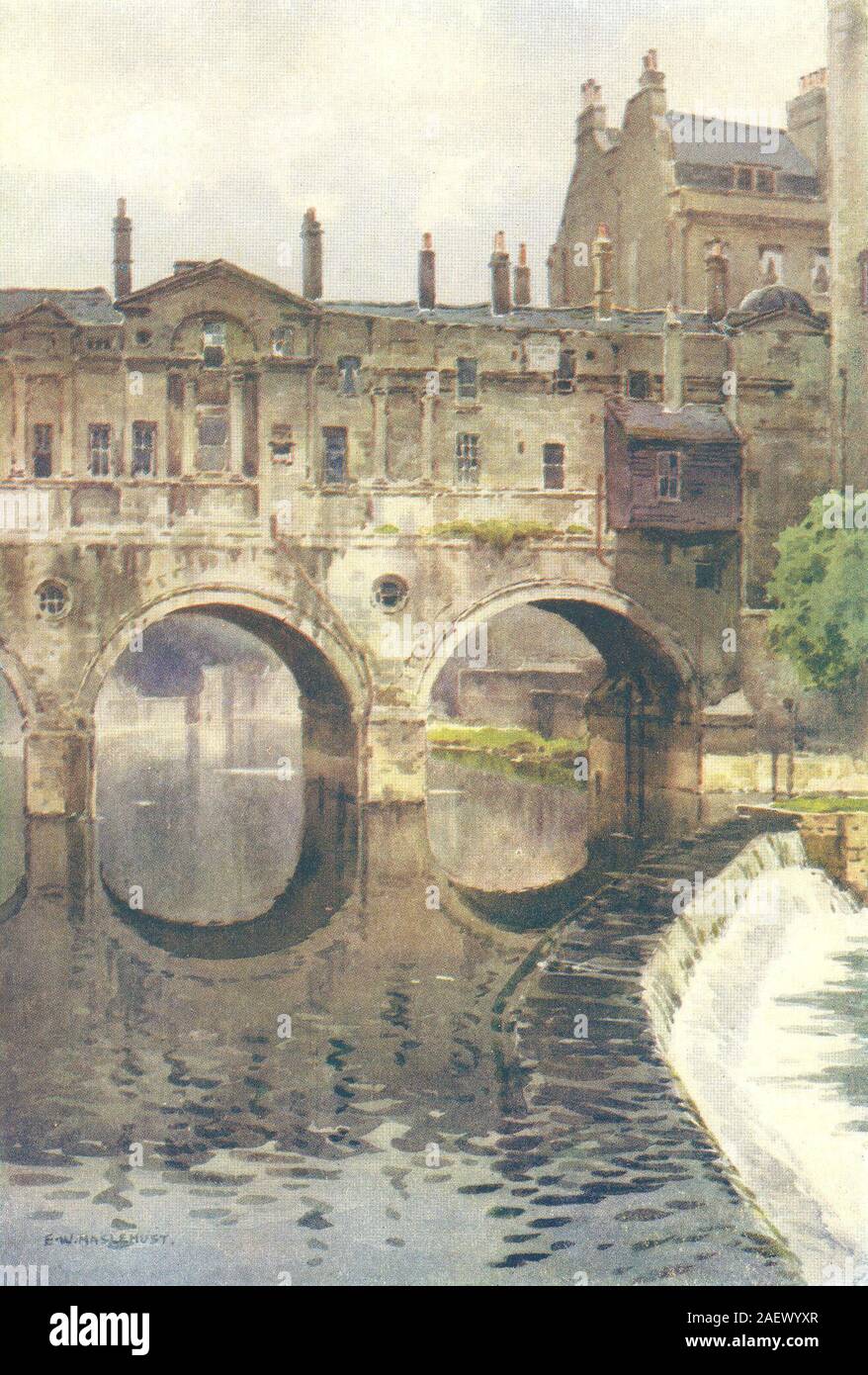 Pulteney Bridge, bagno. Somerset. Da Ernest Haslehust 1920 old vintage print Foto Stock