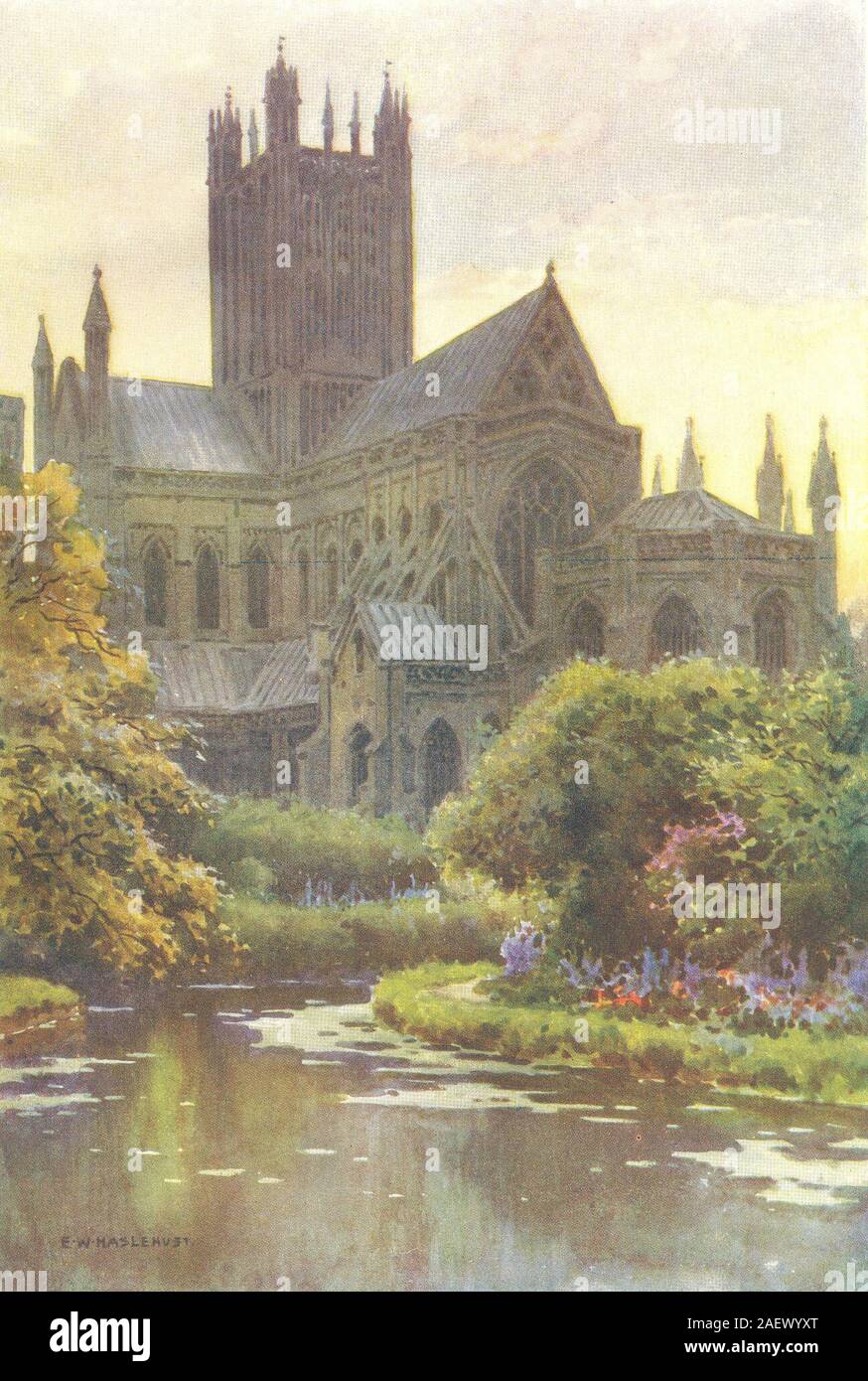 Cattedrale di Wells da molle. Somerset. Da Ernest Haslehust 1920 antica stampa Foto Stock