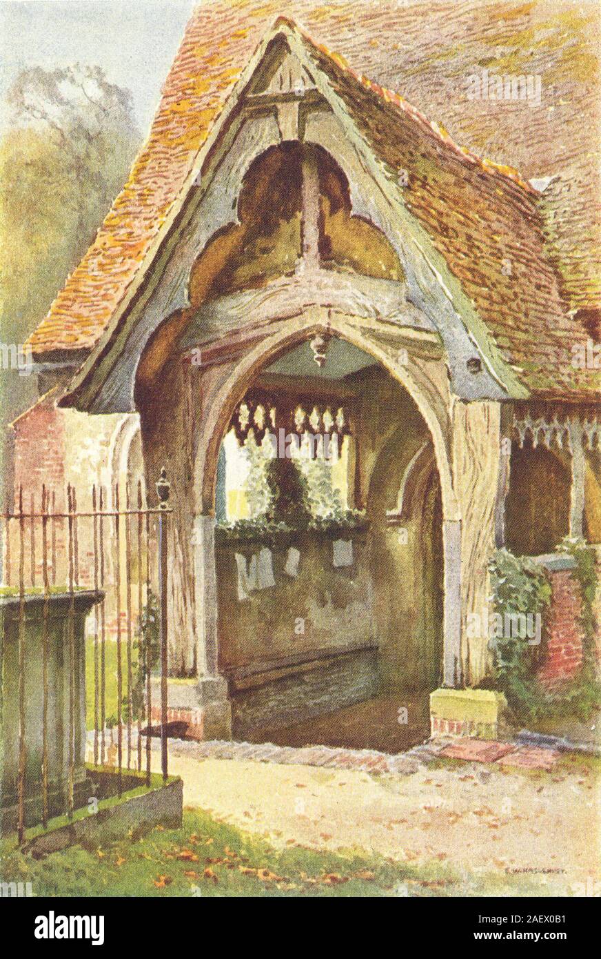 Il portico, Stoke Poges Chiesa. Buckinghamshire. Da Ernest Haslehust 1920 stampare Foto Stock