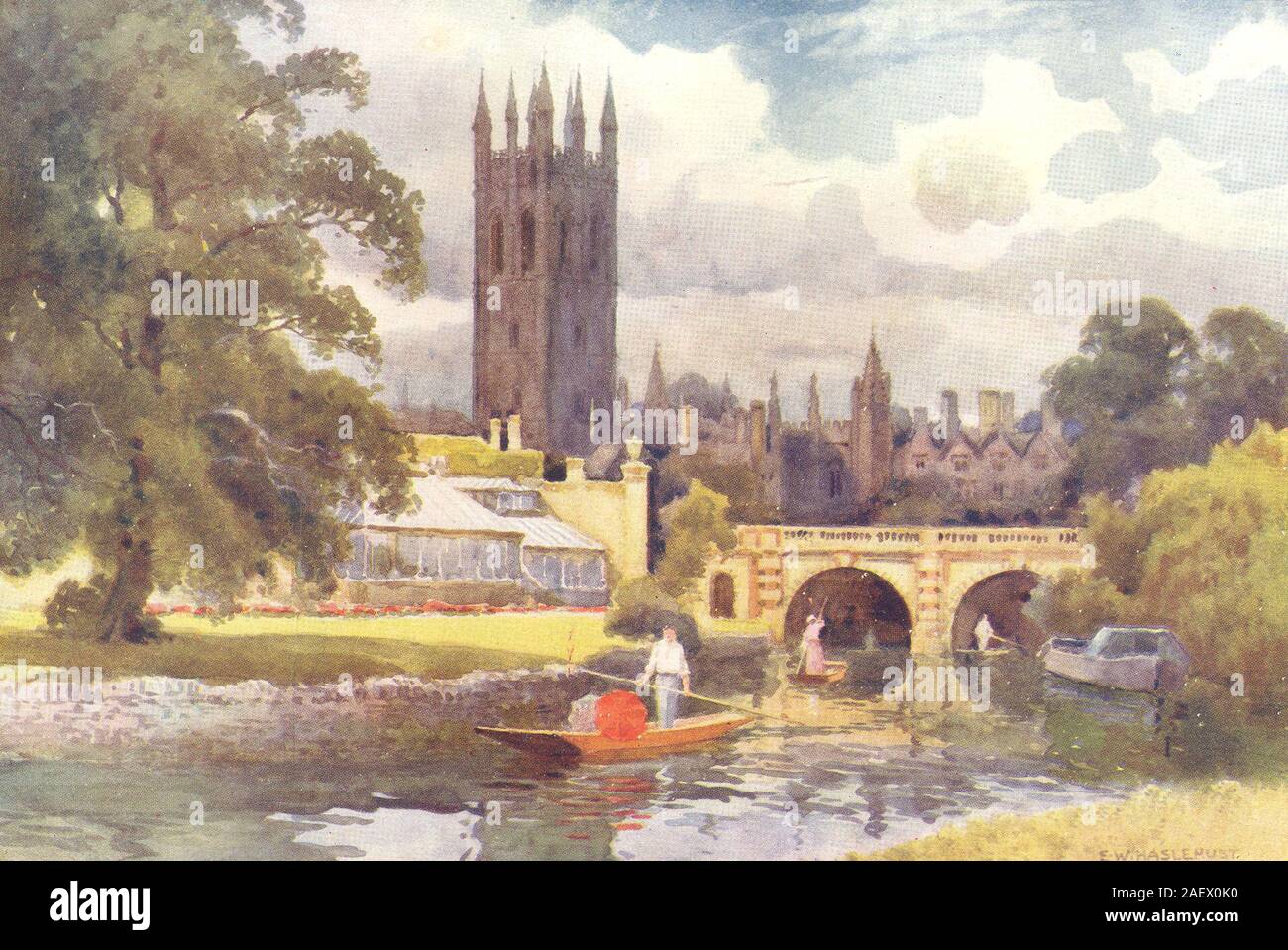 Il Magdalen College dall'Cherwell. Oxford. Da Ernest Haslehust 1920 antica stampa Foto Stock