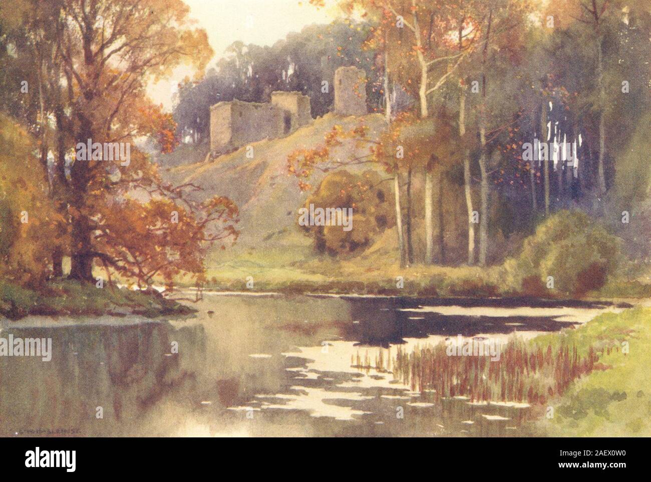 Il castello di Roxburgh, Scott paese. La Scozia. Da Ernest Haslehust 1920 antica stampa Foto Stock