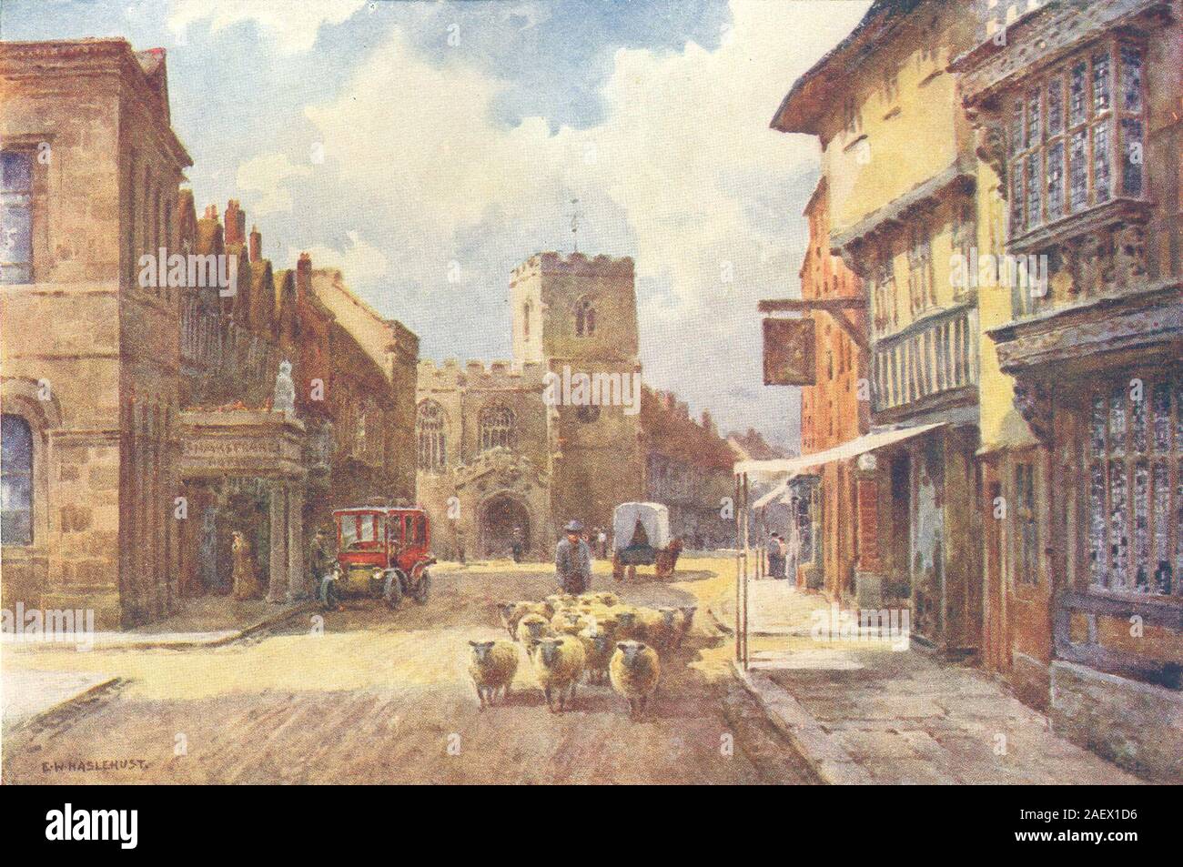 High Street, Stratford-su-Avon. Warwickshire. Da Ernest Haslehust 1920 stampare Foto Stock