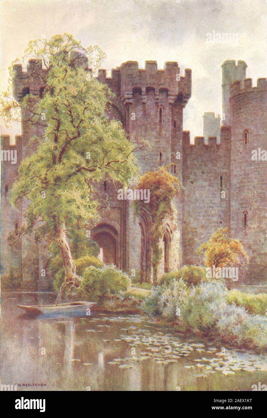 Il Castello di Bodiam. Sussex. Da Ernest Haslehust 1920 old vintage delle immagini di stampa Foto Stock