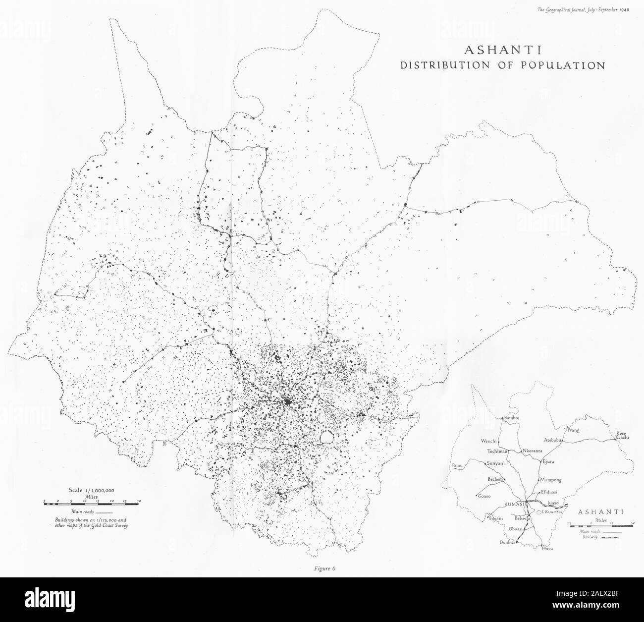 Il ghana. Ashanti distribuzione della popolazione. Mappa RGS 1949 vecchio grafico vintage Foto Stock
