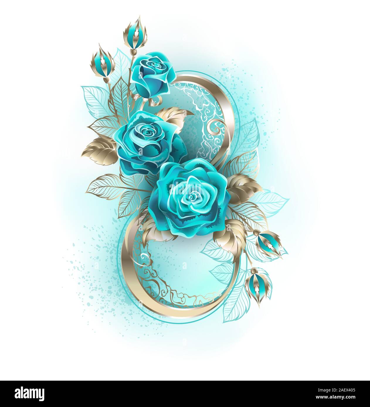 Numero otto in oro bianco decorato con il turchese, preziosi rose con foglie su sfondo bianco. Illustrazione Vettoriale