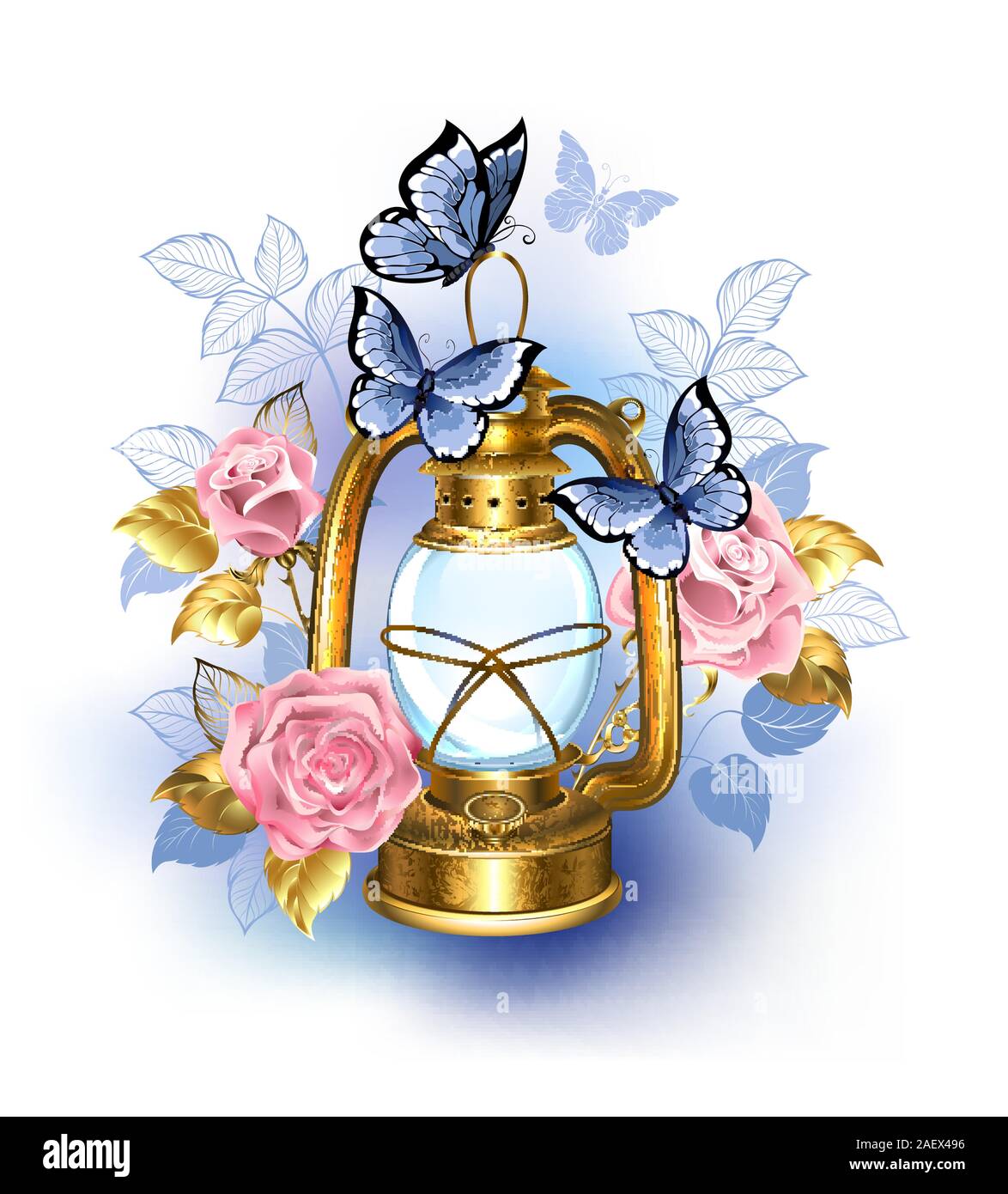 Kerosene, antiquariato e lampada in ottone decorato con rosa, fioritura di Rose e farfalle blu su sfondo bianco. Illustrazione Vettoriale
