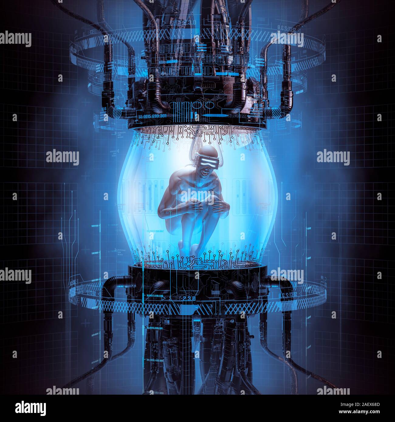Virtual esperimento umano / 3D illustrazione di fantascienza scena mostrando umano maschio interno futuristico complesso globo di vetro macchine per computer Foto Stock