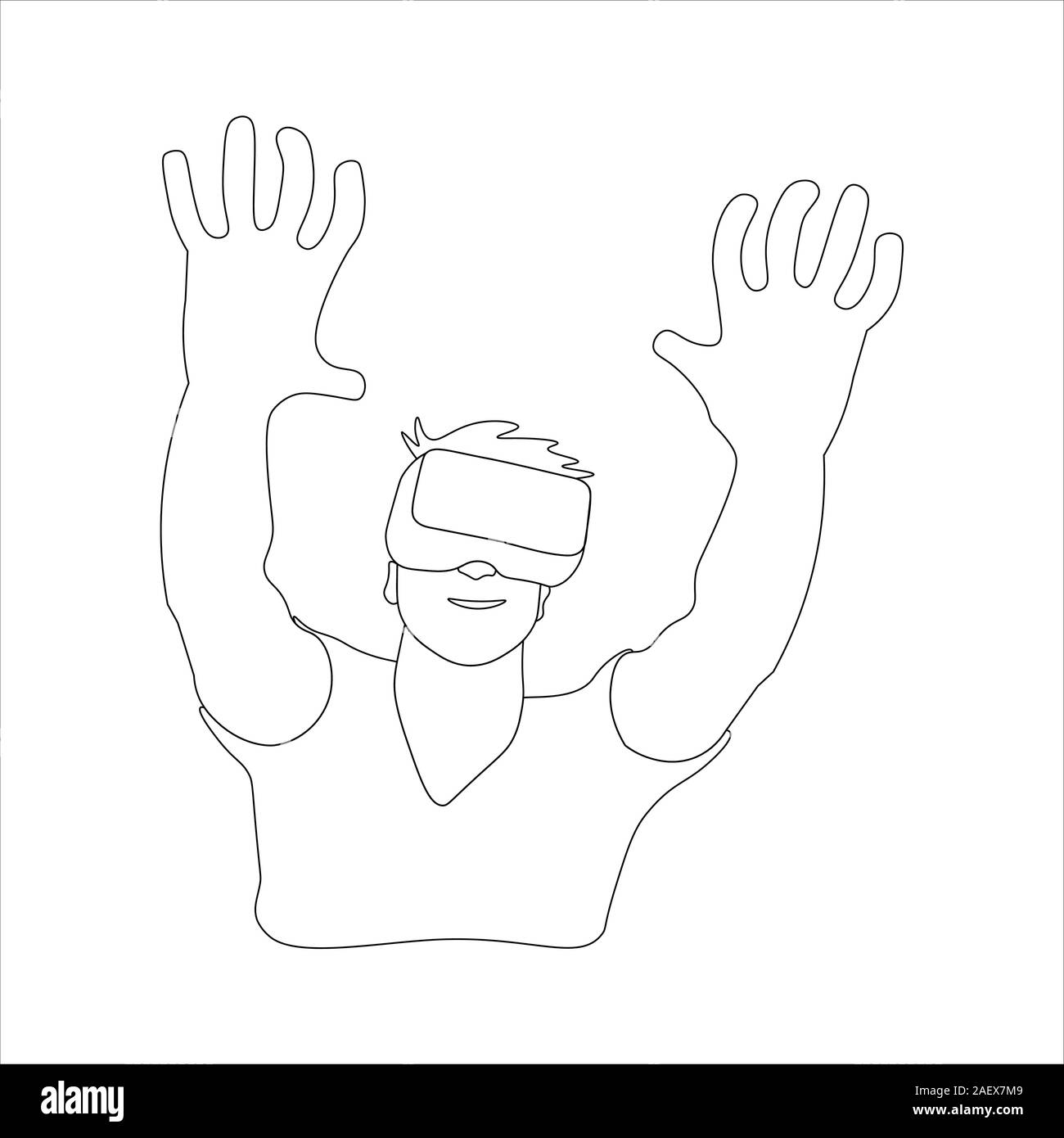 La realtà virtuale: Uomo con occhiali VR. Contorno nero su sfondo bianco. Immagine può essere utilizzato in biglietti di auguri, poster, volantini, banner, logo, ulteriore disegno etc. Illustrazione Vettoriale. EPS10 Illustrazione Vettoriale