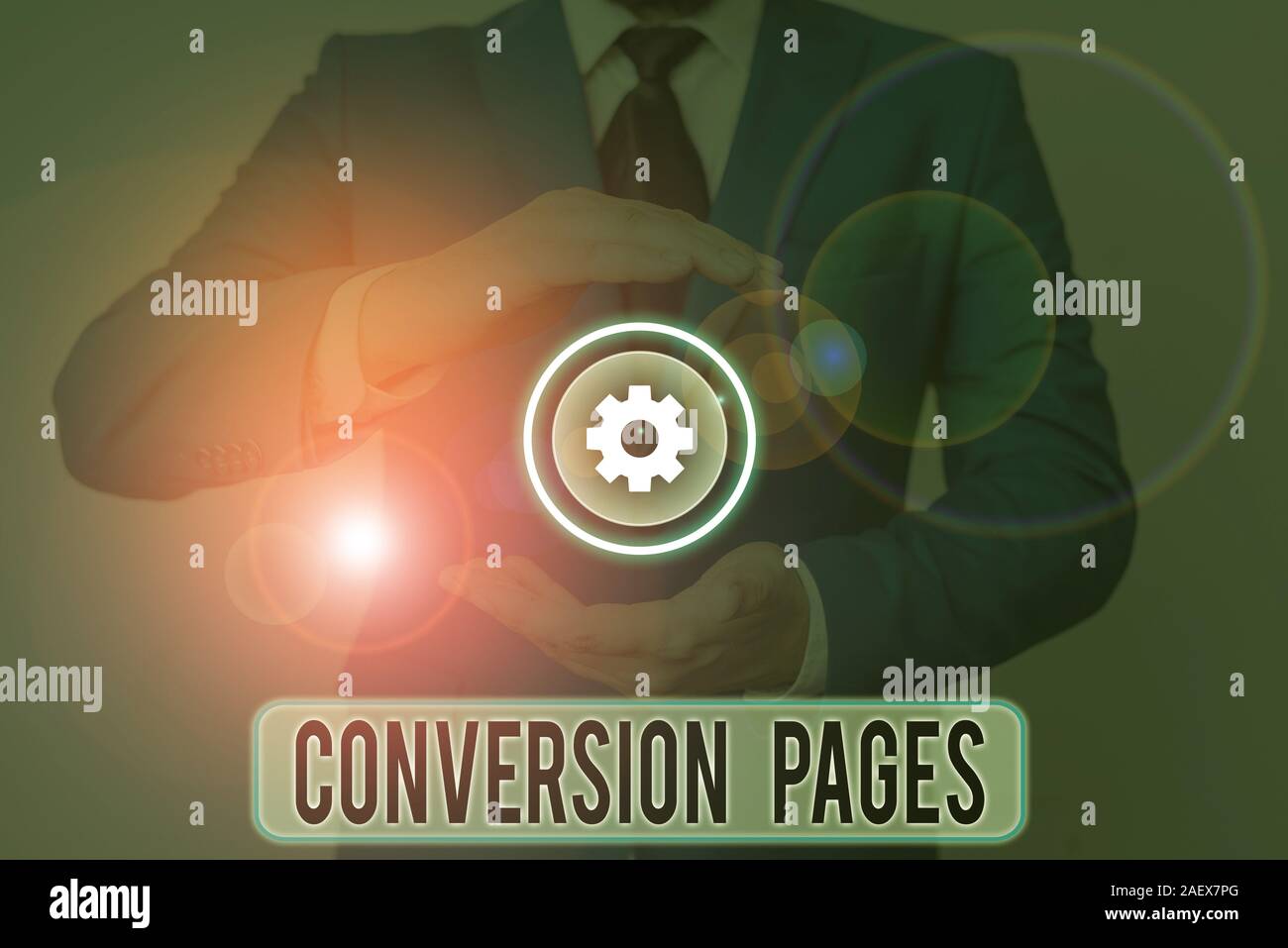 Segno di testo che mostra le pagine di conversione. Business photo viene visualizzato del testo in risposta al clic su un motore di ricerca Foto Stock