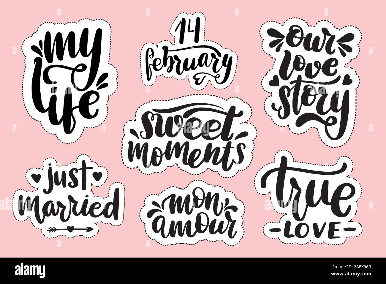 Gli adesivi con disegnati a mano tipografia lettering iscrizioni. Illustrazione Vettoriale