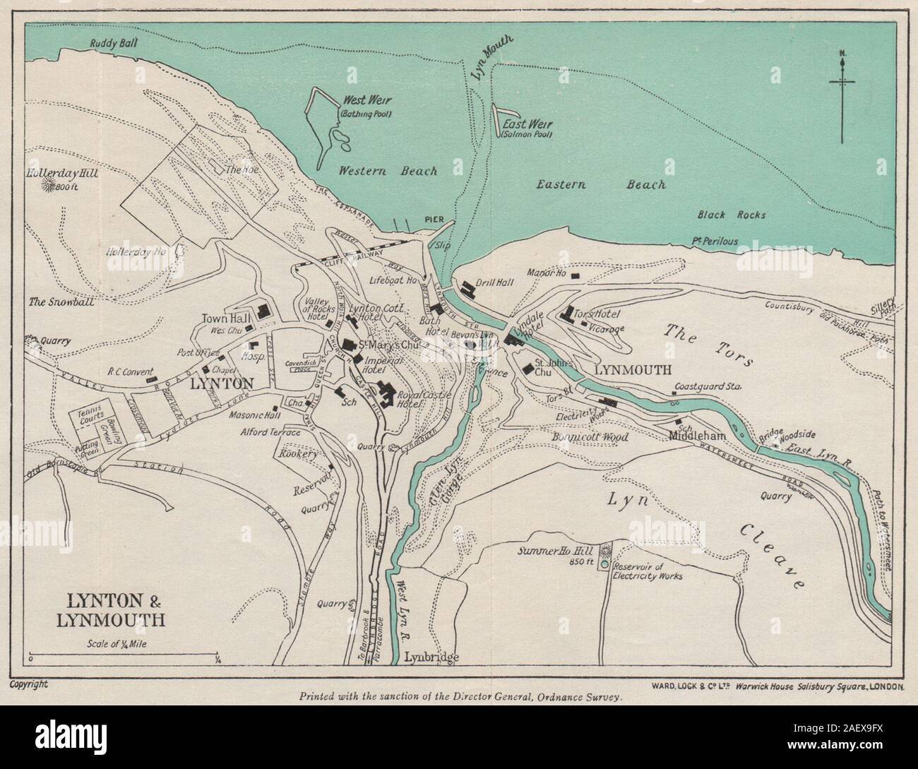 LYNTON & LYNMOUTH vintage town/city plan. Devon. WARD LOCK 1948 mappa vecchia Foto Stock