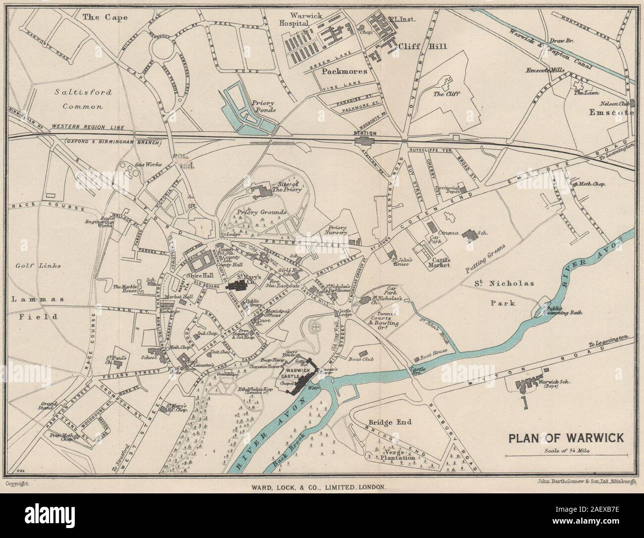 WARWICK vintage town/city plan. Warwickshire. WARD LOCK 1950 old vintage map Foto Stock