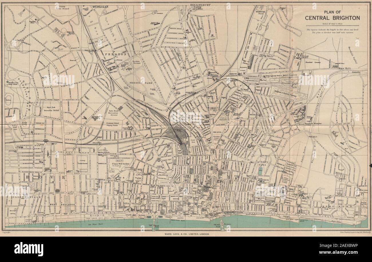 Centro di Brighton vintage città/piano. Sussex. WARD LOCK 1950 mappa vecchia Foto Stock